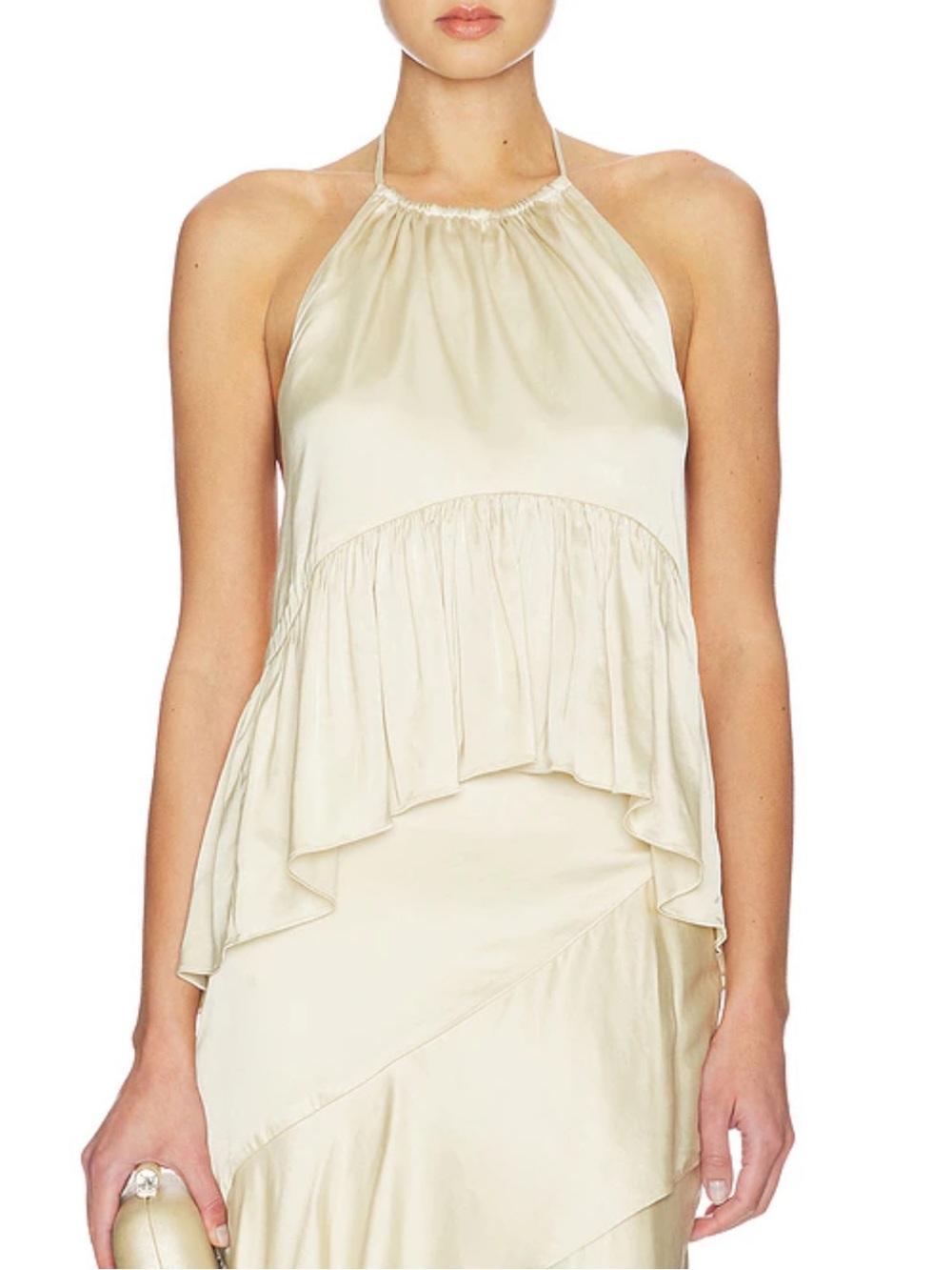 Lovers + Friends Cream Satin Halter Ruffle Chemise
